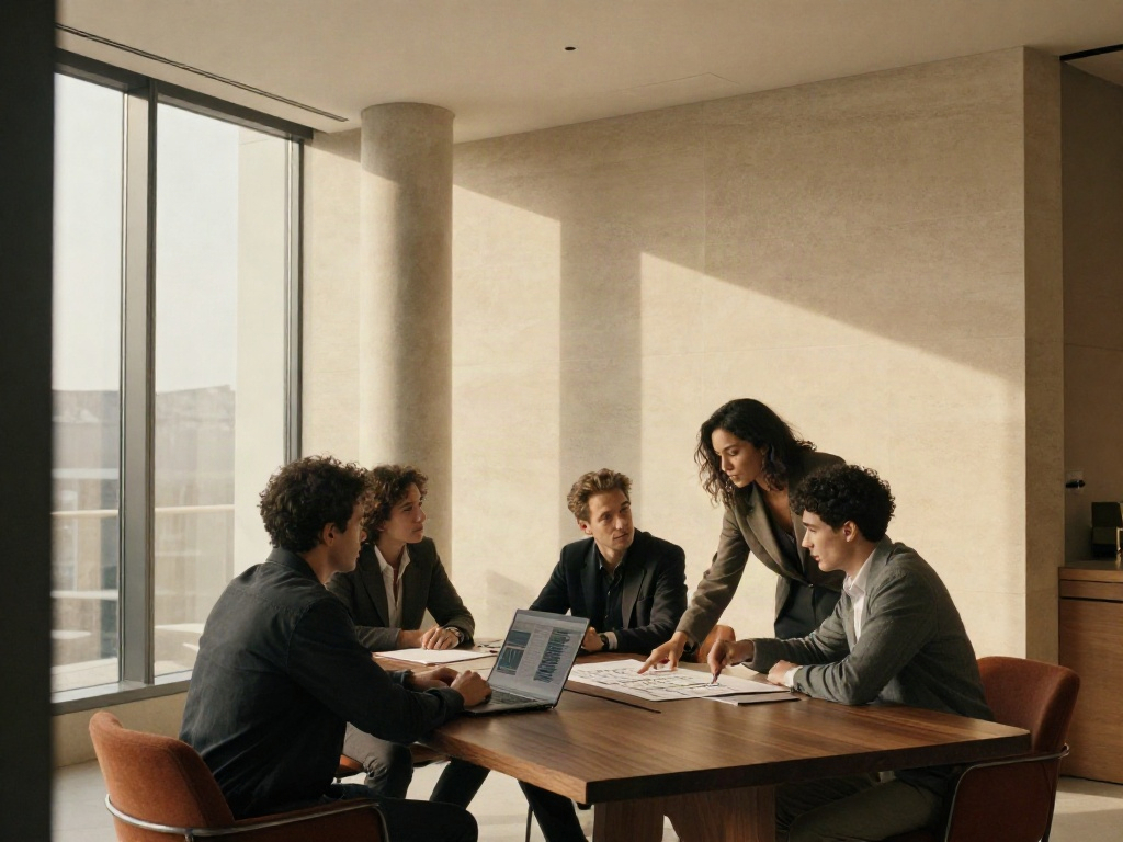 Consultants collaborating on business strategy in a sunlit contemporary boardroom
